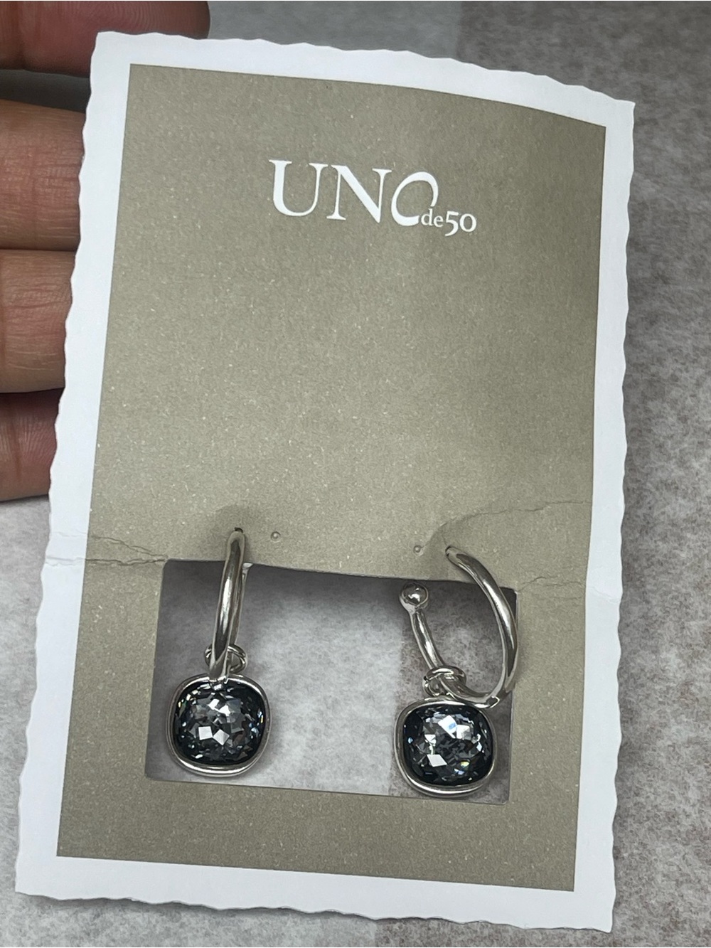 NWT UNOde50 "Shiny Tears" Silver Plated Grey Crystal Hoop Earrings